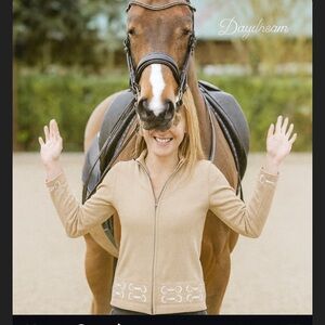 RONNER luxury knit equestrian alpaca cotton sweater zip L beige horse buckle